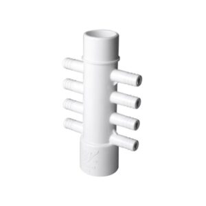 Distribuidor lineal de ABS para fontanería de 1 pulgada Macho-Hembra con ocho salidas laterales de 3/8 de pulgada rosca macho acanalada.