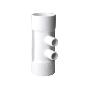 Colector distribuidor de 1 pulgada con 6 salidas laterales de 3/8 de pulgada sobre fondo blanco.