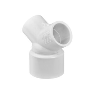 Te de PVC de presión con ángulo de 120 grados, entradas de 1,5 pulgadas hembra y salida de 1 pulgada hembra.