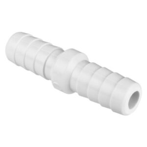 Conector en T de 90 grados con tres salidas acanaladas de 3/8 de pulgada para inserción en tubo flexible de vinilo.