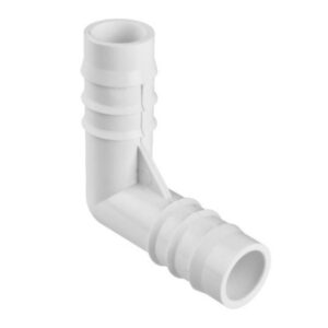 Codo de PVC de 90 grados con un extremo macho de 3/4 de pulgada y un extremo acanalado (espiga) para manguera flexible.