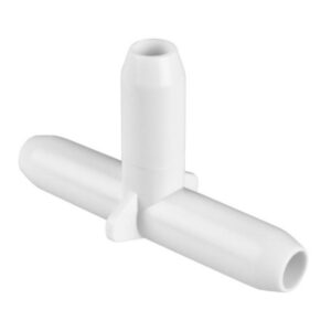 Conector en T de 90 grados con tres salidas acanaladas de 3/8 de pulgada para inserción en tubo flexible de vinilo.