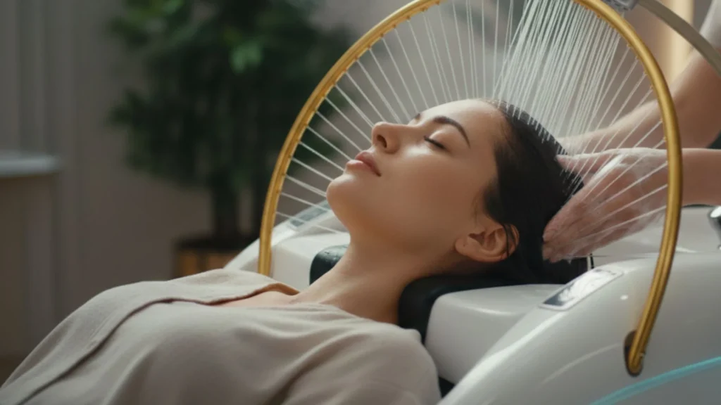 HeadSpa equipada con un arco de circulación de agua (efecto lluvia) diseñado para masajear suavemente el cuero cabelludo mientras mantiene una temperatura constante.