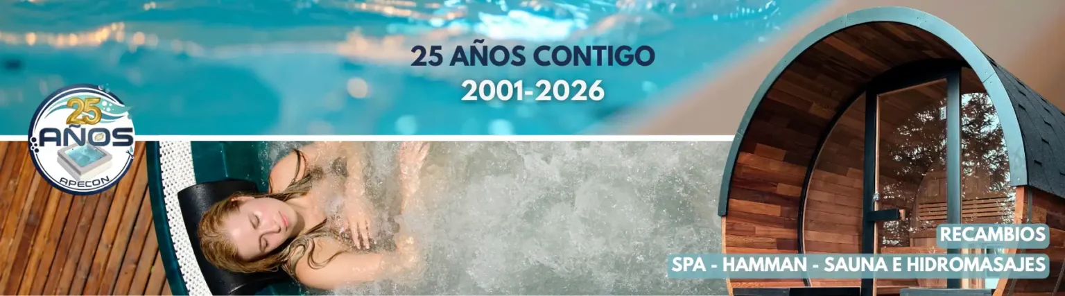 Banner de Apecon Soluciones en Zaragoza celebrando 25 años (2001-2026) en reparación y venta de recambios para spa, hamman, sauna e hidromasajes.
