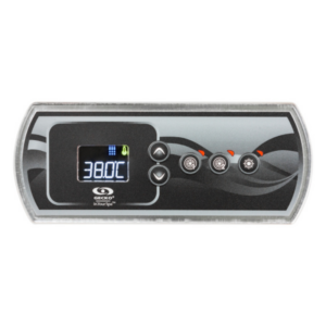 Panel de control Gecko Aeware in.k336 con pantalla LCD y 3 botones para spa y jacuzzi.