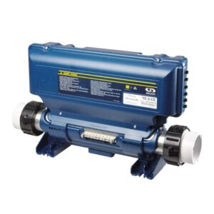 Sistema de control Gecko in.ye-3 para spas y jacuzzis, unidad electrónica negra con calentador de agua de acero inoxidable integrado.