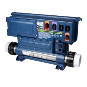 Sistema de control Gecko in.xe para spa con calentador integrado, carcasa negra resistente y conectores de colores para bombas y accesorios