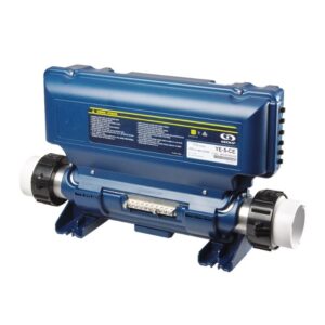Sistema de control electrónico Gecko in.ye-5 para spas medianos, carcasa negra con calentador de acero inoxidable integrado y puertos de conexión rápida.