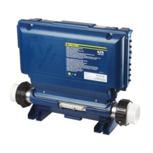 Sistema de control universal Gecko in.ye-8 para spas grandes, carcasa negra con calentador de acero inoxidable y múltiples puertos de conexión para accesorios.