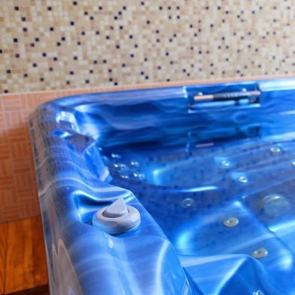 Reparación, instalación y mantenimiento de spa en España. Spa color azul, plateado instalación en interior.