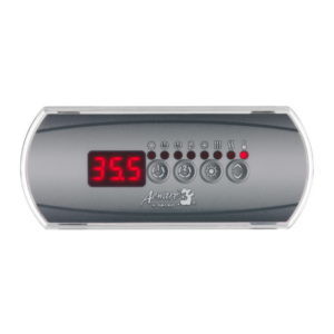 Teclado Gecko in.k200 para control electrónico de spa con botones de temperatura, lueces y bombas.