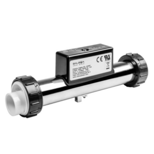 alentador de acero inoxidable Balboa de 3 kW versión Pressure, con caja de control lateral negra, dial de termostato y presostato de seguridad
