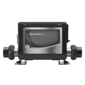 Unidad de calentamiento auxiliar Balboa de 3 kW en acero inoxidable, con cables de conexión para placa de control y carcasa compacta.