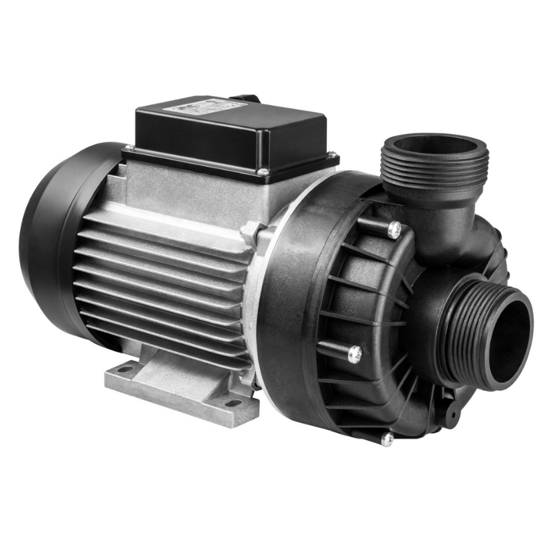 Bomba centrífuga JTC PCF100 de 1 HP para hidromasaje, cuerpo compacto negro con base de soporte metálica y protectores de entrada de agua.