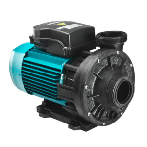 omba de gran caudal Espa Wiper3 para spas, con cuerpo de polímero negro reforzado, motor de aluminio ventilado y racores de conexión de gran tamaño.