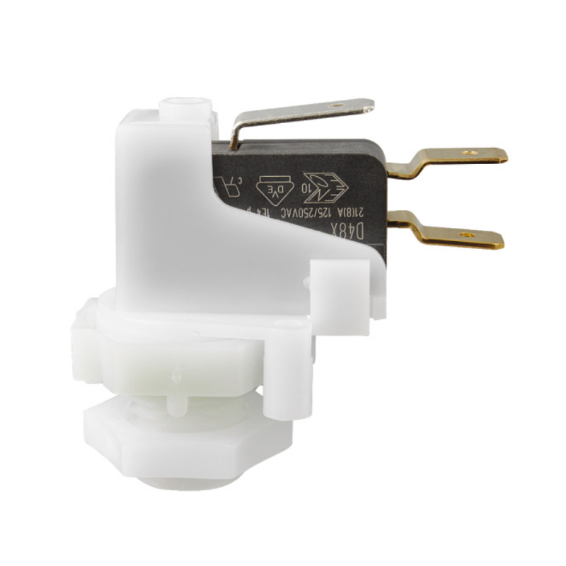 Interruptor neumático Presair SPDT biestable de color negro con tres terminales eléctricos y entrada de aire central escalonada para recambio de spa.