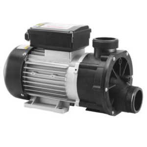 Bomba para hidromasaje LX Whirlpool JA100 de 1 CV, con cuerpo de bomba en plástico técnico negro y motor de aluminio con aletas de refrigeración.