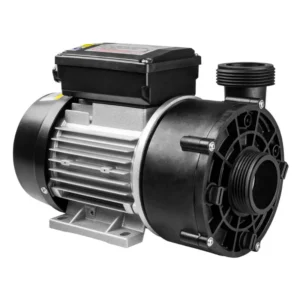 Bomba de circulación de agua LX Whirlpool WTC50M con cuerpo negro y base de fijación metálica, mostrando las conexiones de succión y descarga.