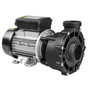 Bomba de circulación LX Whirlpool WTC50M-C con cuerpo de plástico negro, motor con aletas de refrigeración y conexiones roscadas para tubería de spa.