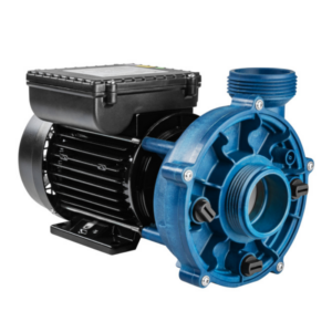 Vista lateral de la bomba de circulación LX Whirlpool WTS50M, mostrando su motor con aletas de refrigeración y la base de soporte elevada para instalación en spa.