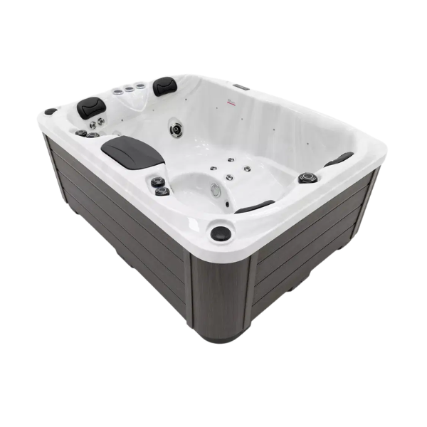 Vista lateral en ángulo de un spa de hidromasaje rectangular Deluxe Range Tahiti, que muestra una carcasa de acrílico blanco brillante, paneles laterales de madera sintética de color gris oscuro, tres reposacabezas negros y varios jets de chorro en el interior.