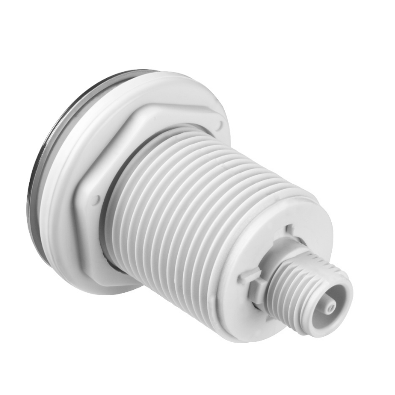 Botón pulsador neumático Balboa con embellecedor cromado brillante y cuerpo de rosca blanco para instalación en borde de bañera de hidromasaje