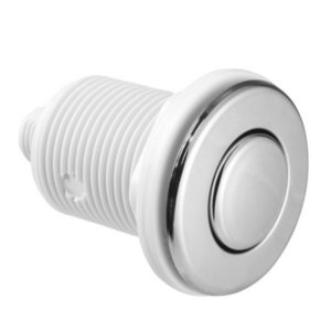 Botón pulsador neumático Balboa con embellecedor cromado brillante y cuerpo de rosca blanco para instalación en borde de bañera de hidromasaje