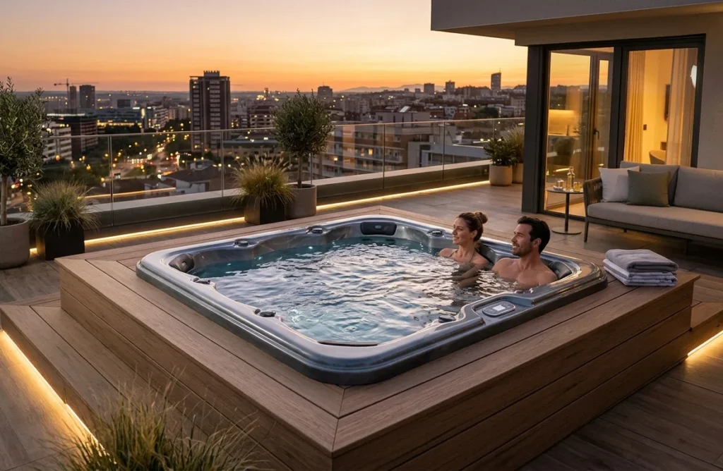 Instalación de jacuzzi en una terraza exterior. Vistas de la ciudad y relajación