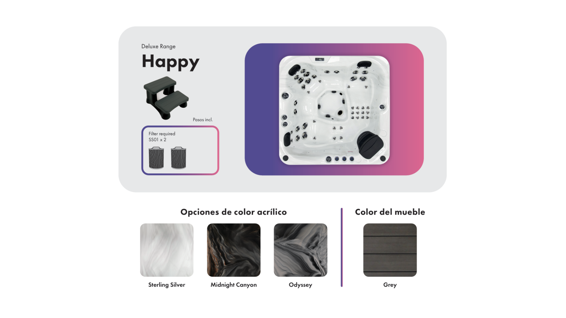 Ficha ténica Spa Happy de Superior Wellness. Dimensiones y colores disponible.