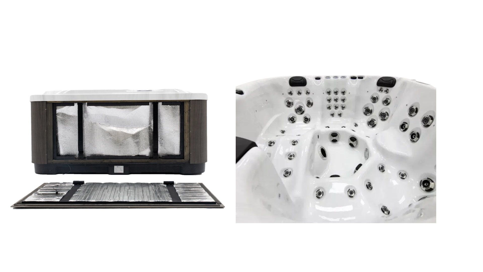 Vista lateral del faldón, panel lateral del spa Palma y vista detallada de los jets