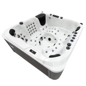 Spa Palma de Platinum Spa en color blanco con revestimiento gris, vista superior de los jets de hidromasaje y asientos ergonómicos.