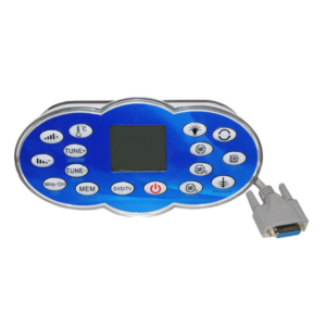 Panel de control digital azul para spa o jacuzzi con pantalla LCD, botones de funciones hidráulicas y multimedia, y un cable de conexión serie gris.