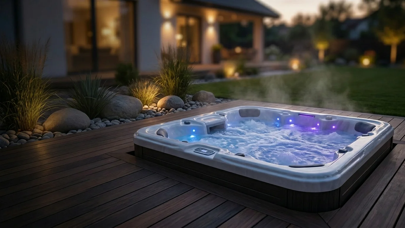 Jacuzzi en exterior vista nocturna para catálogo de spa