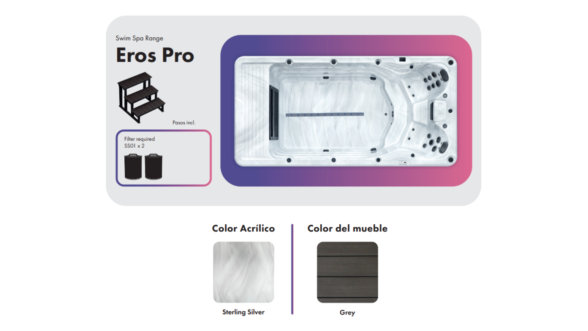 Ficha técnica Eros Swimspa. Capacidad para dos personas