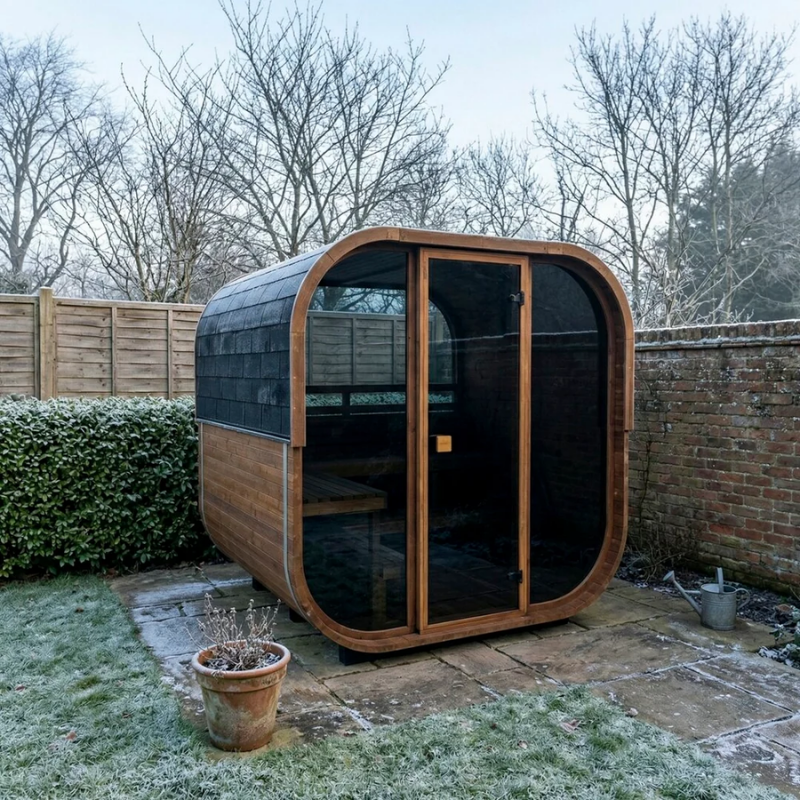 Sauna Cube 160 instalada en jardin de casa.