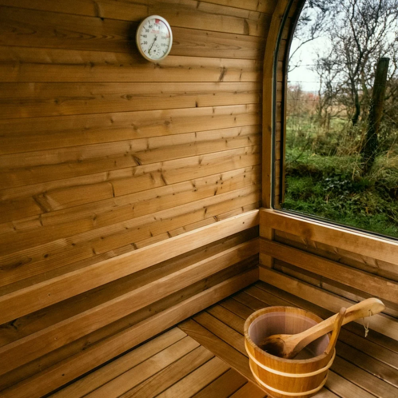 Detalle de madera de abeto en los asientos de la Sauna Cube